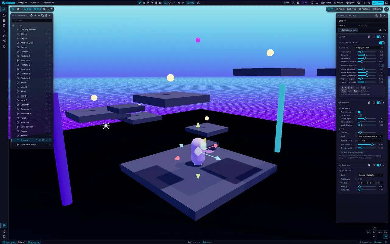 Shadowium editörü: 3D Platformer sahnesi, hiyerarşi ve inspector panelleri